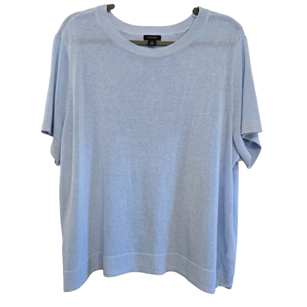 Halogen Womens 1X Light Blue Short Sleeve Knit Sweater Crew Neck Linen Blend